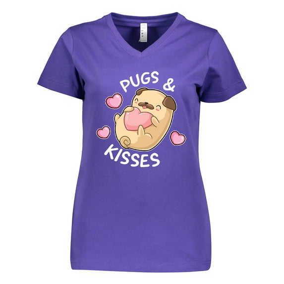 Inktastic Valentines Day Pugs and Kisses with Pink Hearts Women's V-Neck T-Shirt