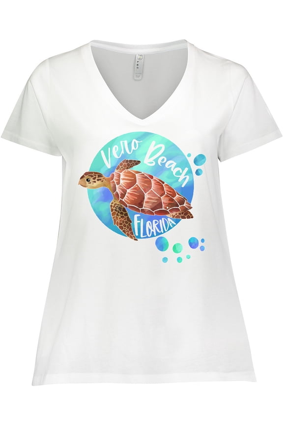 Vero Beach, Florida Swimming Sea Turtle with Bubbles Women's Plus Size V-Neck T-Shirt