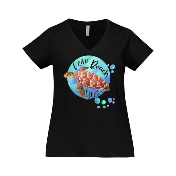 Inktastic Vero Beach, Florida Swimming Sea Turtle with Bubbles Women's Plus Size V-Neck T-Shirt