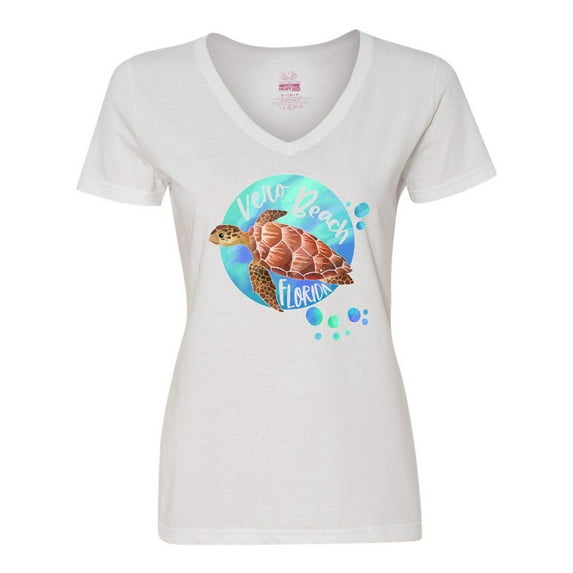Inktastic Vero Beach, Florida Swimming Sea Turtle with Bubbles Women's V-Neck T-Shirt