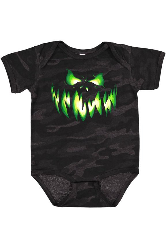 Viciously Grinning Pumpkin Face in Lime Green Glow Boys or Girls Baby Bodysuit