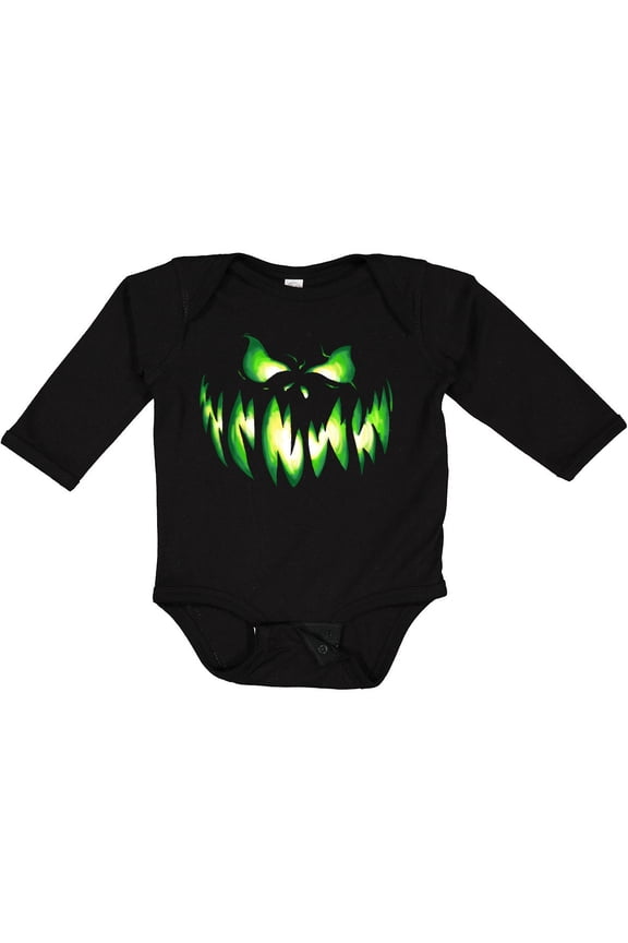 Viciously Grinning Pumpkin Face in Lime Green Glow Boys or Girls Long Sleeve Baby Bodysuit
