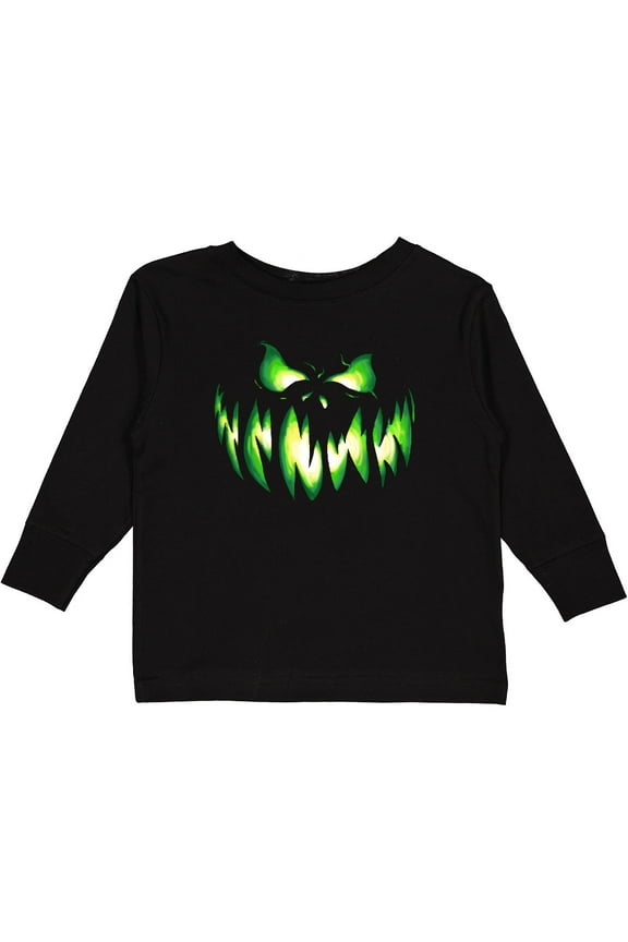 Viciously Grinning Pumpkin Face in Lime Green Glow Boys or Girls Long Sleeve Toddler T-Shirt