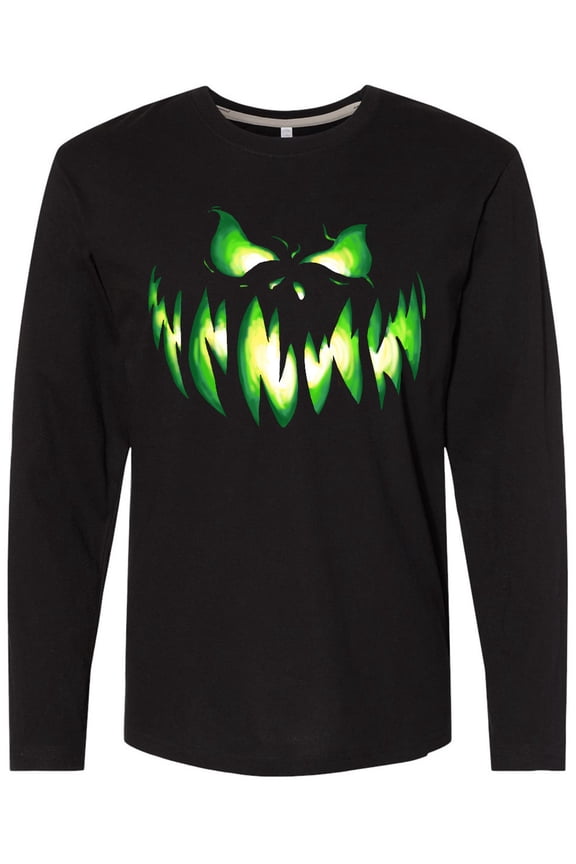 Viciously Grinning Pumpkin Face in Lime Green Glow Long Sleeve T-Shirt