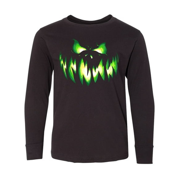 Inktastic Viciously Grinning Pumpkin Face in Lime Green Glow Long Sleeve Youth T-Shirt