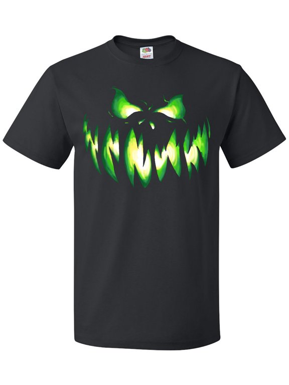 Viciously Grinning Pumpkin Face in Lime Green Glow T-Shirt