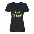 thumbnail image 1 of Inktastic Viciously Grinning Pumpkin Face in Lime Green Glow Women's V-Neck T-Shirt, 1 of 5