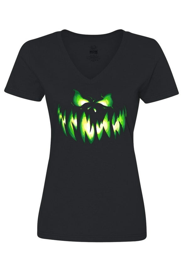 Viciously Grinning Pumpkin Face in Lime Green Glow Women's V-Neck T-Shirt