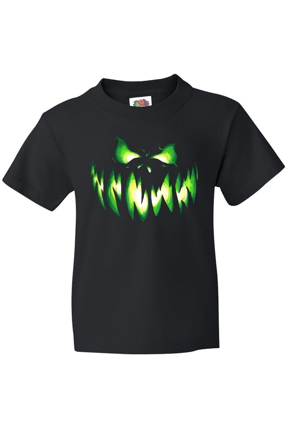 Viciously Grinning Pumpkin Face in Lime Green Glow Youth T-Shirt
