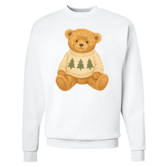 Inktastic Vintage Teddy Bear in Sweater with Christmas Trees Adult Sweatshirt