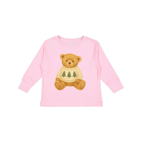 Inktastic Vintage Teddy Bear in Sweater with Christmas Trees Boys or Girls Long Sleeve Toddler T-Shirt