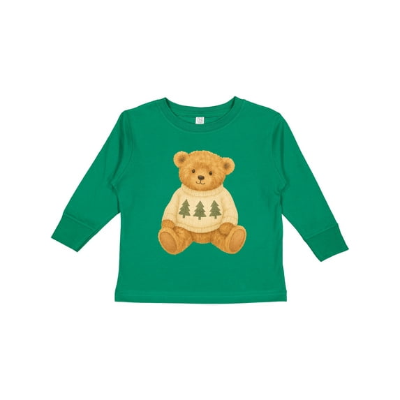 Inktastic Vintage Teddy Bear in Sweater with Christmas Trees Boys or Girls Long Sleeve Toddler T-Shirt