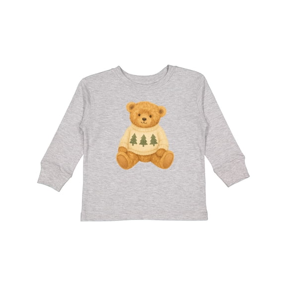 Inktastic Vintage Teddy Bear in Sweater with Christmas Trees Boys or Girls Long Sleeve Toddler T-Shirt