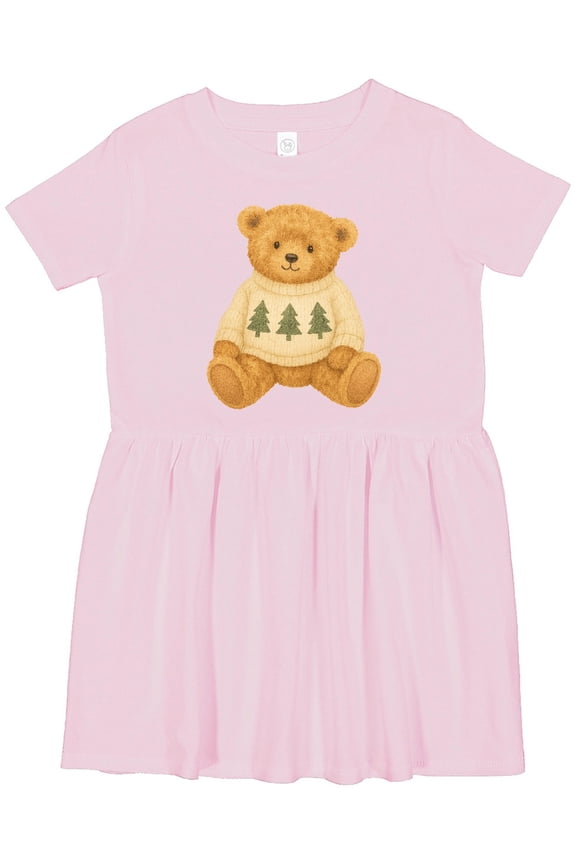 Vintage Teddy Bear in Sweater with Christmas Trees Girls Toddler Dress