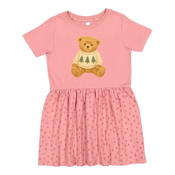 Inktastic Vintage Teddy Bear in Sweater with Christmas Trees Girls Toddler Dress