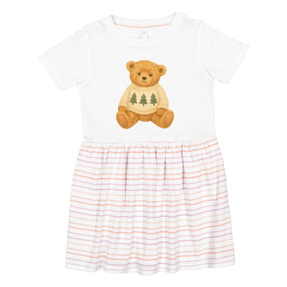 Inktastic Vintage Teddy Bear in Sweater with Christmas Trees Girls Toddler Dress