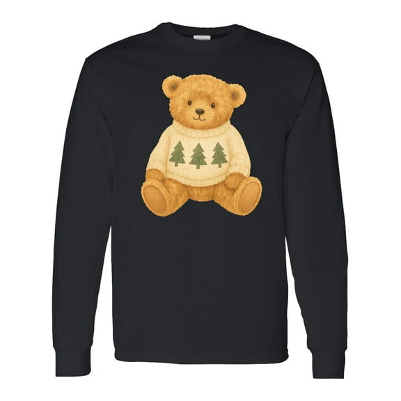 Inktastic Vintage Teddy Bear in Sweater with Christmas Trees Long Sleeve T-Shirt