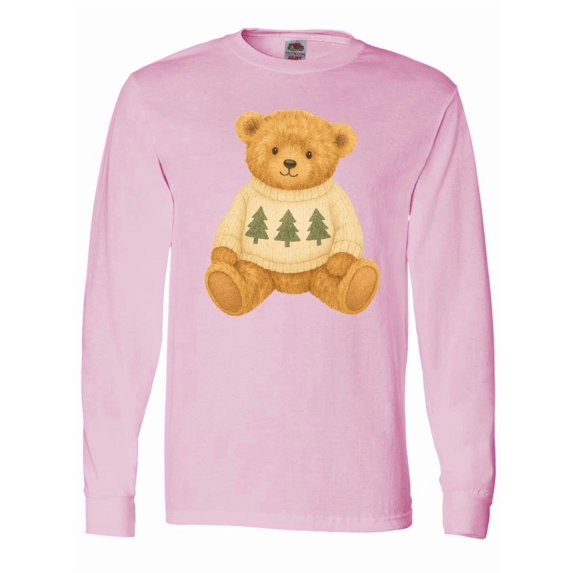 Inktastic Vintage Teddy Bear in Sweater with Christmas Trees Long Sleeve T-Shirt