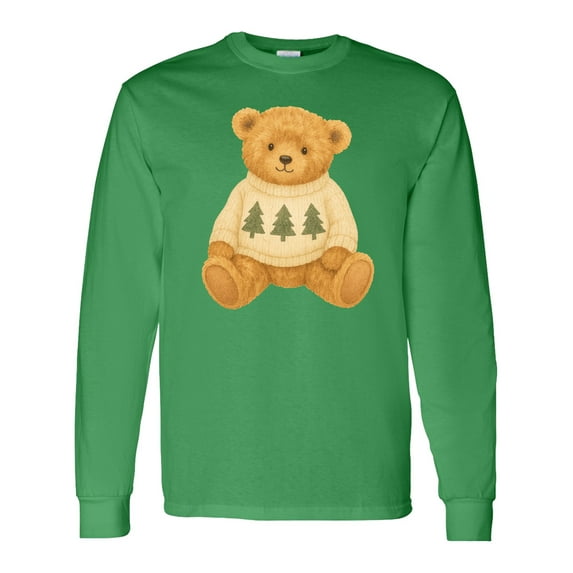 Inktastic Vintage Teddy Bear in Sweater with Christmas Trees Long Sleeve T-Shirt