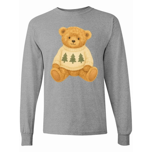 Inktastic Vintage Teddy Bear in Sweater with Christmas Trees Long Sleeve T-Shirt