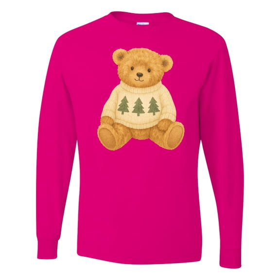 Inktastic Vintage Teddy Bear in Sweater with Christmas Trees Long Sleeve T-Shirt