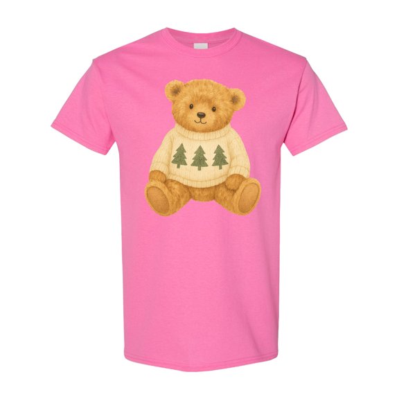 Inktastic Vintage Teddy Bear in Sweater with Christmas Trees T-Shirt