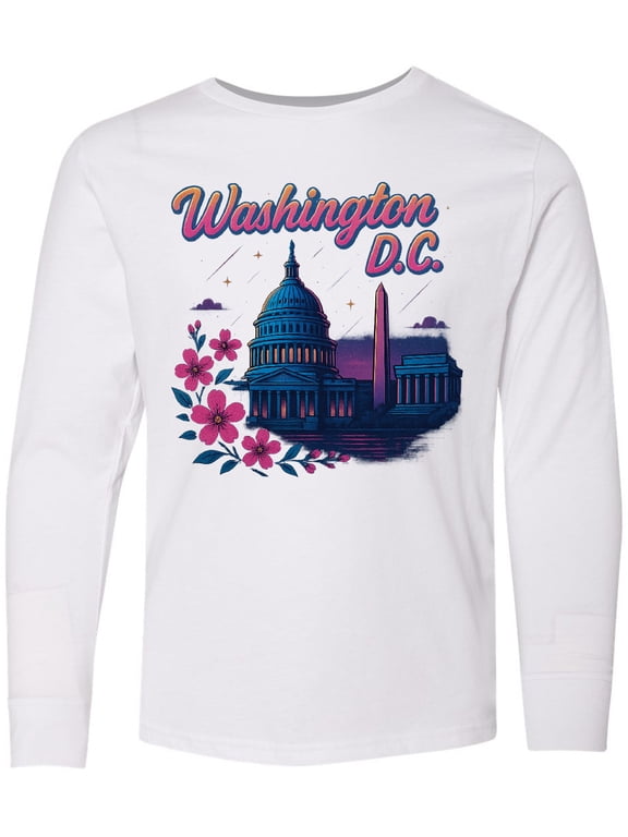 Washington D.c. Skyline Cherry Blossoms Long Sleeve Youth T-Shirt