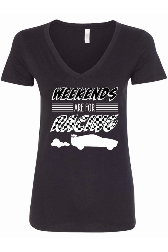 Weekends Are for Racing Race Car Silhouette and Racing Flag Women's V-Neck T-Shirt