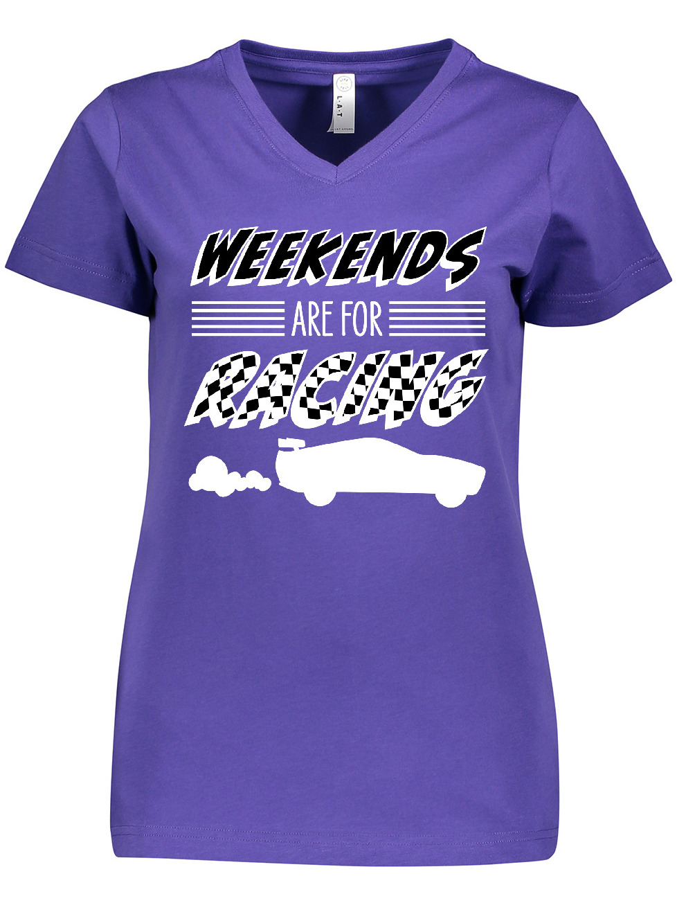 Inktastic Weekends Are for Racing Race Car Silhouette and Racing Flag Women's V-Neck T-Shirt - image 1 of 4