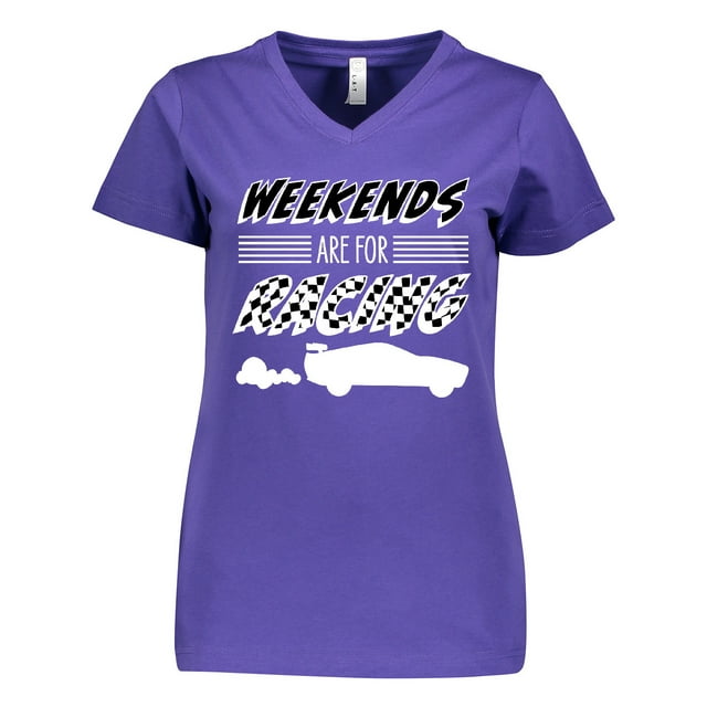 Inktastic Weekends Are for Racing Race Car Silhouette and Racing Flag Women's V-Neck T-Shirt
