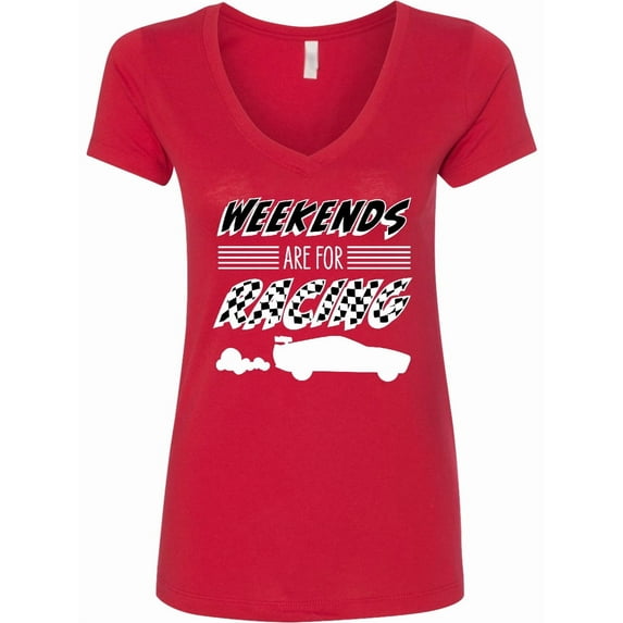 Inktastic Weekends Are for Racing Race Car Silhouette and Racing Flag Women's V-Neck T-Shirt