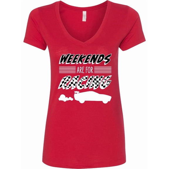 Inktastic Weekends Are for Racing Race Car Silhouette and Racing Flag Women's V-Neck T-Shirt