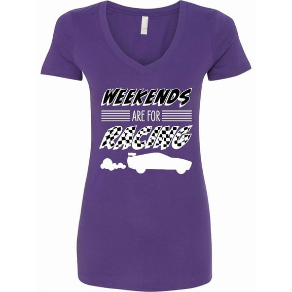 Inktastic Weekends Are for Racing Race Car Silhouette and Racing Flag Women's V-Neck T-Shirt