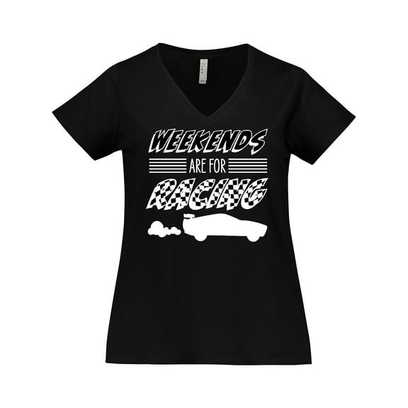 Inktastic Weekends Are for Racing Race Car Silhouette and Racing Flag Women's Plus Size V-Neck T-Shirt