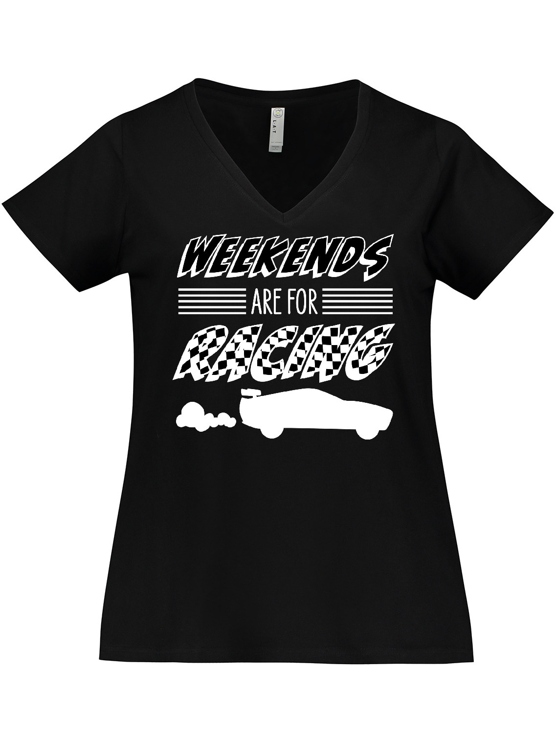 Inktastic Weekends are for Racing Race Car Silhouette and Racing Flag Women's Plus Size V-Neck T-Shirt - image 1 of 4