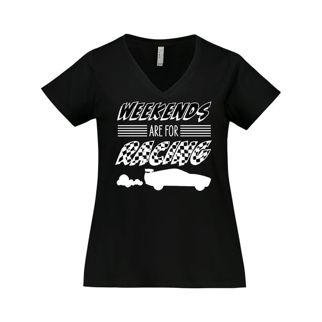 Inktastic Weekends are for Racing Race Car Silhouette and Racing Flag Women's Plus Size V-Neck T-Shirt