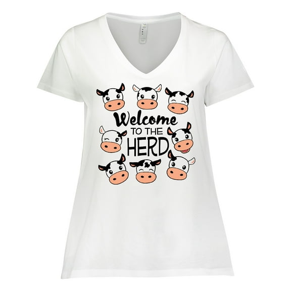 Inktastic Welcome to the Herd with cute Black and White Holstein Cows Women's Plus Size V-Neck T-Shirt