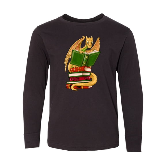 Inktastic Well-read Cute Gold Dragon Reading Books Long Sleeve Youth T-Shirt