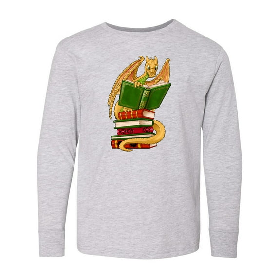 Inktastic Well-read Cute Gold Dragon Reading Books Long Sleeve Youth T-Shirt