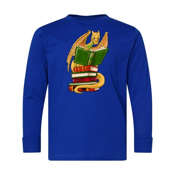 Inktastic Well-read Cute Gold Dragon Reading Books Long Sleeve Youth T-Shirt