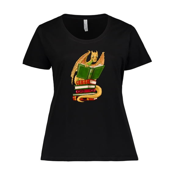 Inktastic Well-Read Cute Gold Dragon Reading Books Women's Plus Size T-Shirt