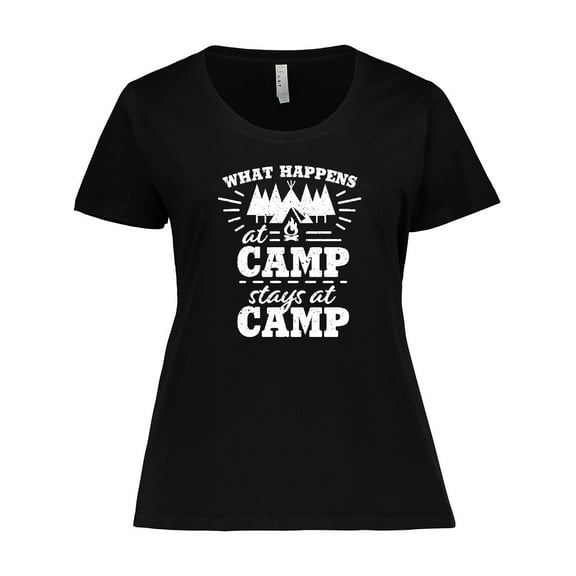 Inktastic What Happens at Camp Stays at Camp with Tent and Woods Women's Plus Size T-Shirt