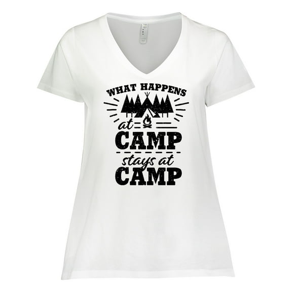 Inktastic What Happens at Camp Stays at Camp with Tent and Woods Women's Plus Size V-Neck T-Shirt