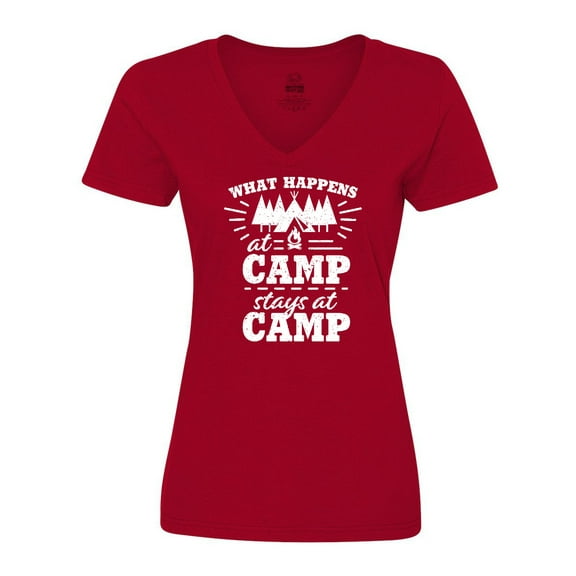 Inktastic What Happens at Camp Stays at Camp with Tent and Woods Women's V-Neck T-Shirt