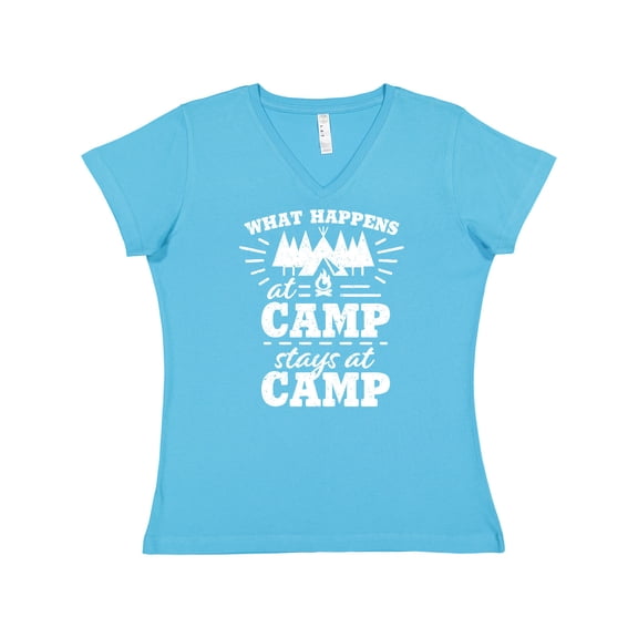 Inktastic What Happens at Camp Stays at Camp with Tent and Woods Women's V-Neck T-Shirt
