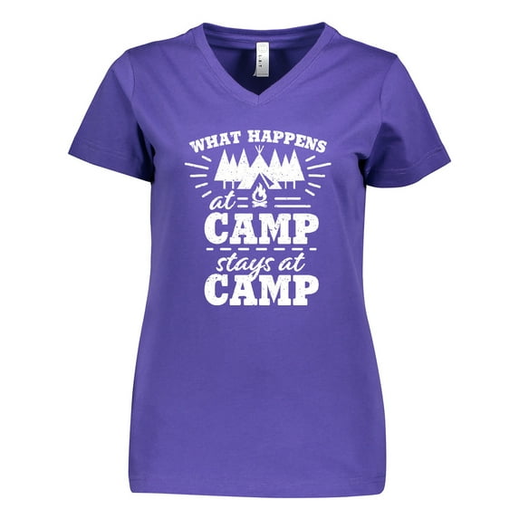 Inktastic What Happens at Camp Stays at Camp with Tent and Woods Women's V-Neck T-Shirt