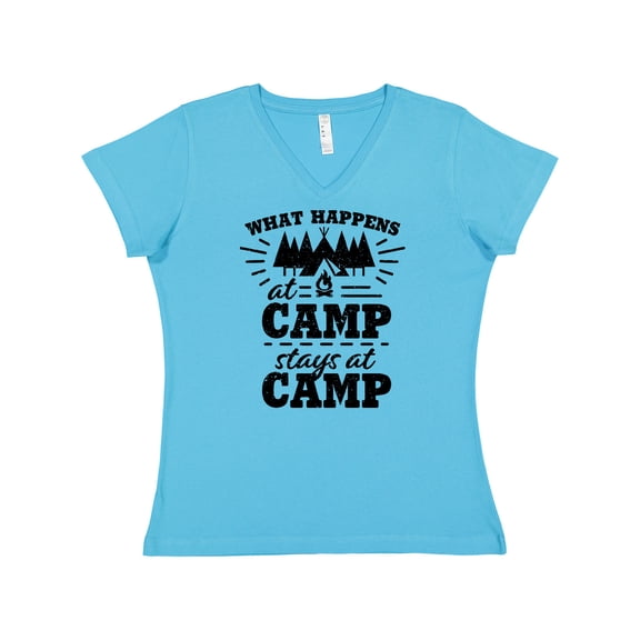 Inktastic What Happens at Camp Stays at Camp with Tent and Woods Women's V-Neck T-Shirt