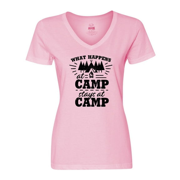 Inktastic What Happens at Camp Stays at Camp with Tent and Woods Women's V-Neck T-Shirt