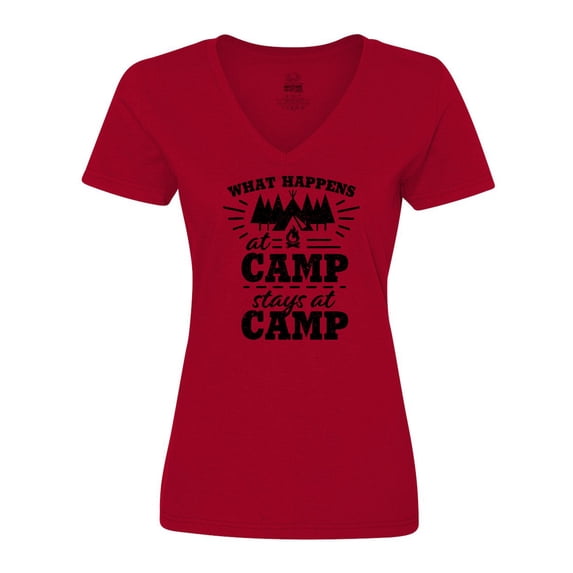 Inktastic What Happens at Camp Stays at Camp with Tent and Woods Women's V-Neck T-Shirt