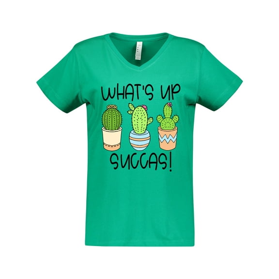 Inktastic What's Up Succas Funny Cacti Plants Women's V-Neck T-Shirt